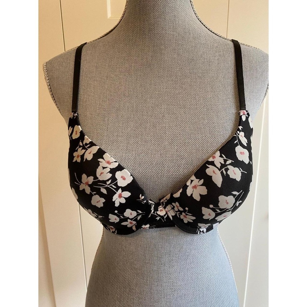 Laura Ashley Bra Full Coverage 38C Nylon Spandex Underwire Floral Black Sku2